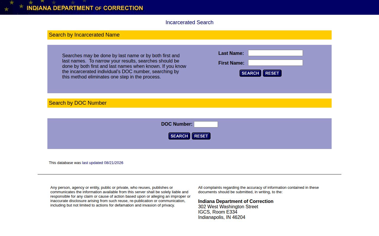 Indiana Department of Correction incarcerated person search form