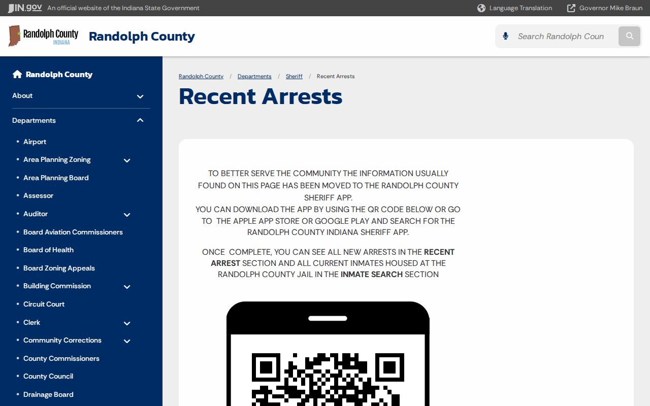 Randolph County official Recent Arrests page and sheriff app migration notice